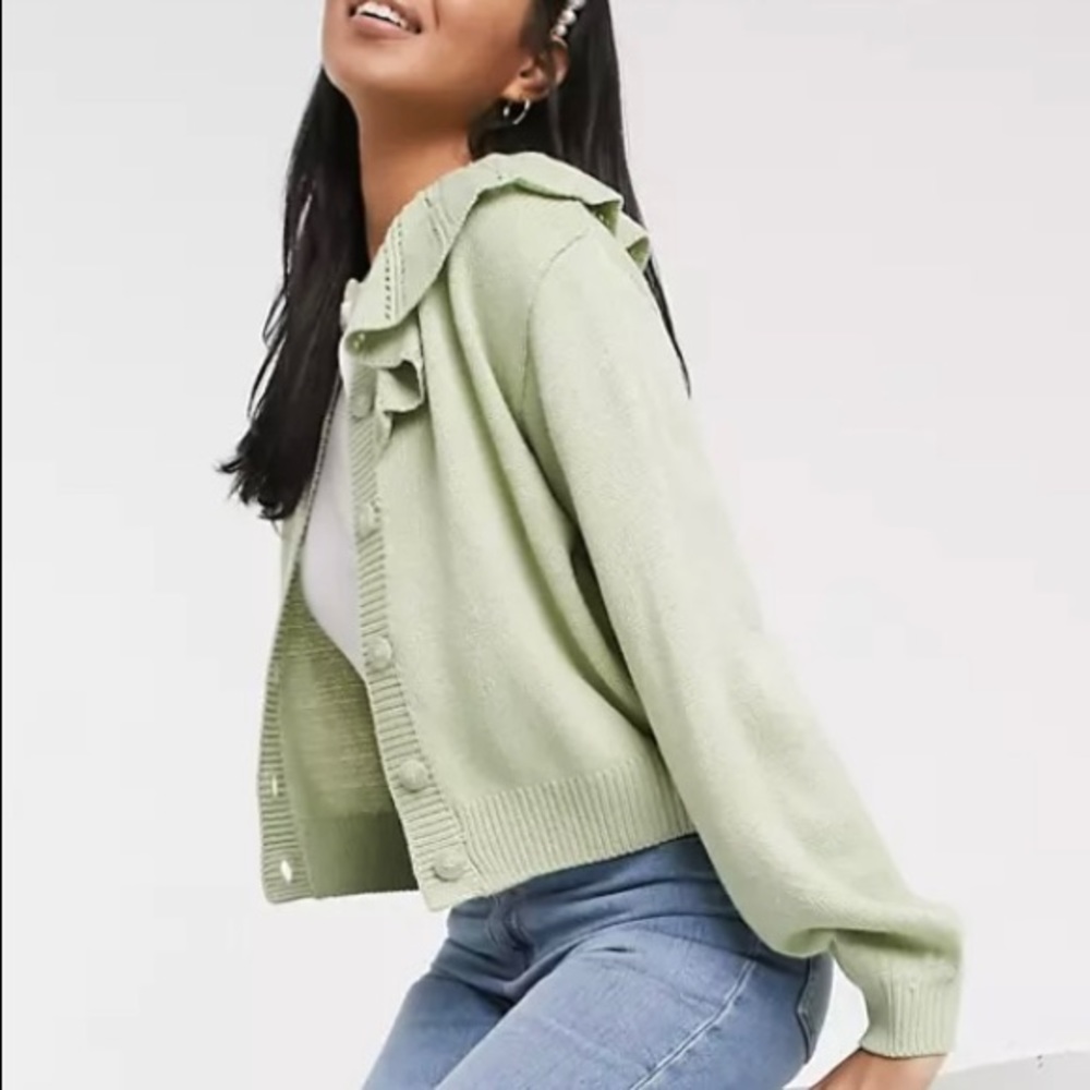 Monki Sage Green Frill Collar Cardigan